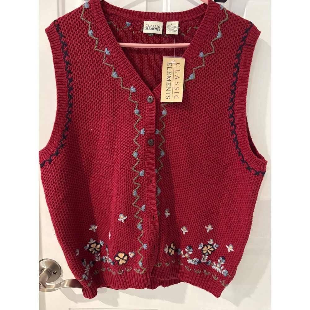 New‎ VTG Classic Elements Knit Vest Floral Embroidered Sleeveless Grandma Core
